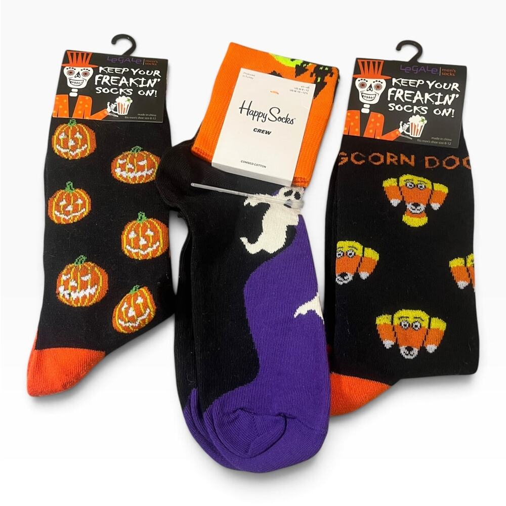Happy Socks 3 pc Halloween Pumpkins, Candy Corn, and Ghost Crew Socks Men 8-12